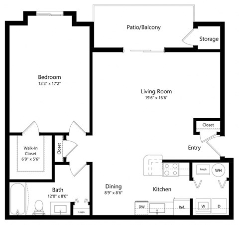 the 1-bedroom Classic floorplan at the Eagle Run Apartments in West Omaha, NE